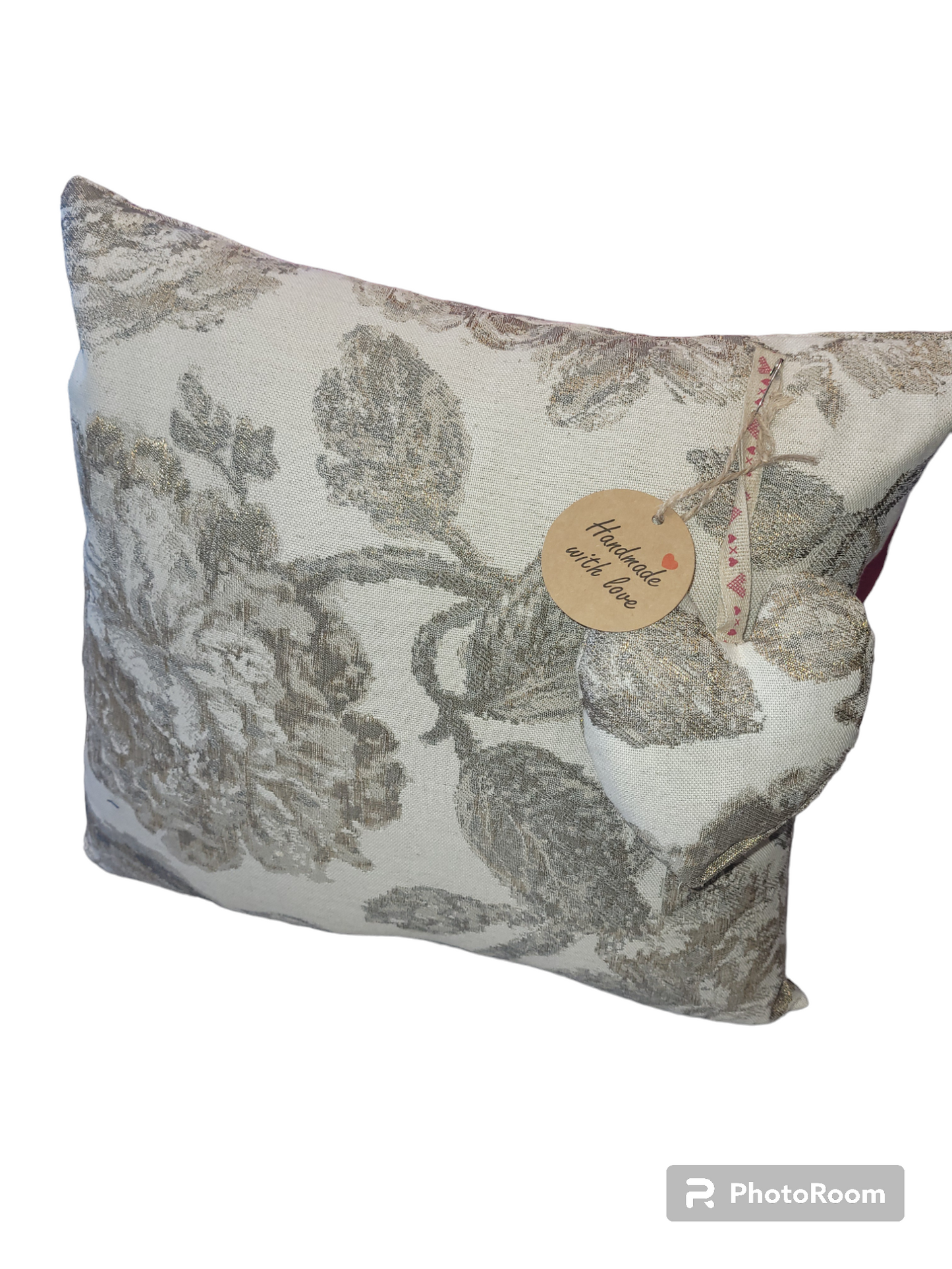 Gold & cream flower pattern cushion with hanging heart Handmade.By.MeggyFifee