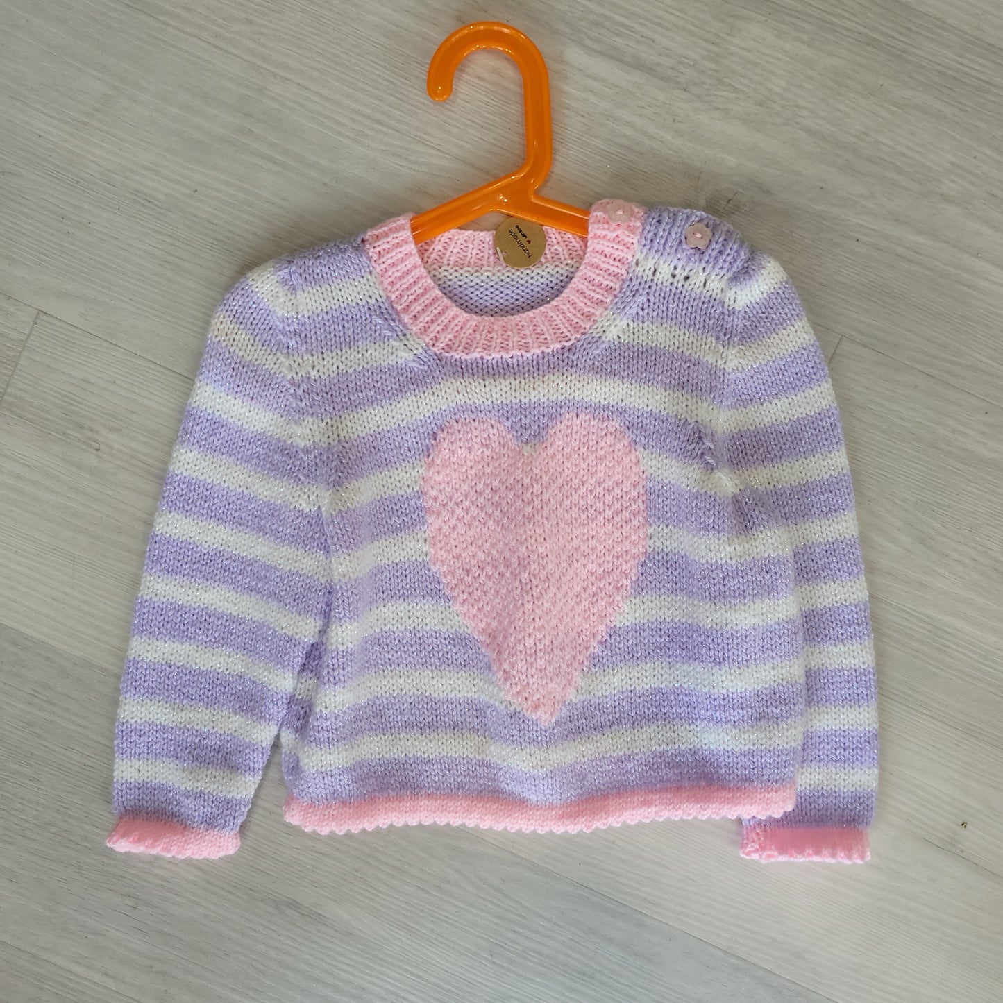 Handknitted striped lilac heart jumper age 3-4
