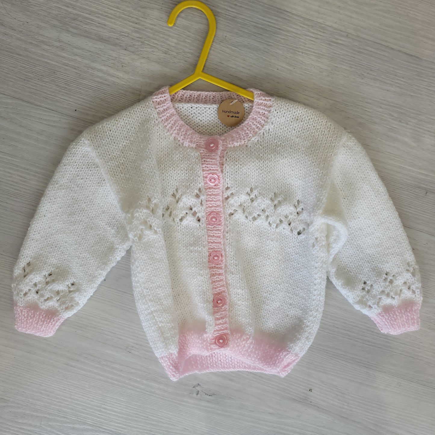Handknitted girls cardigan cream pink 12-18 months