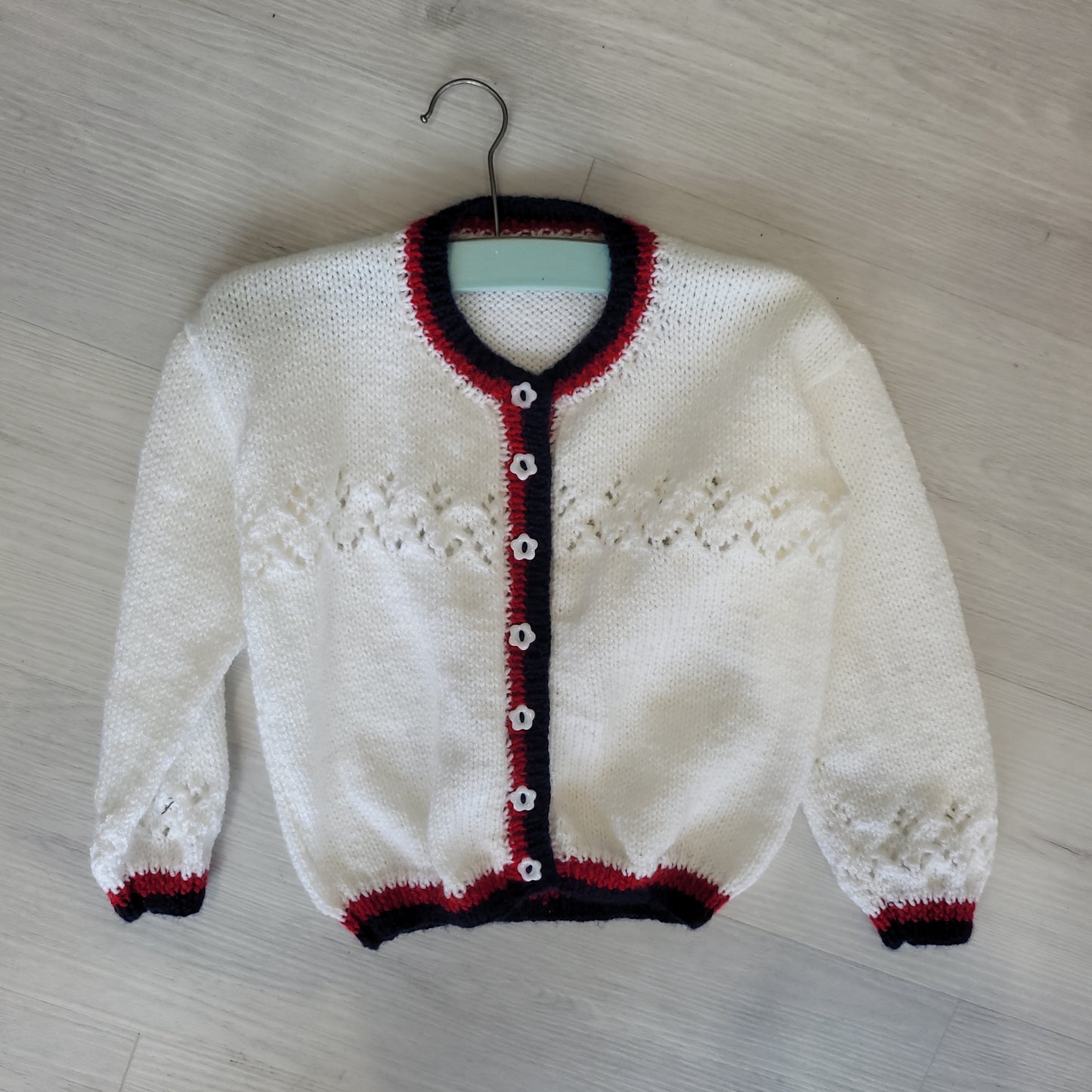 Handknitted girls cardigan white age 3-4
