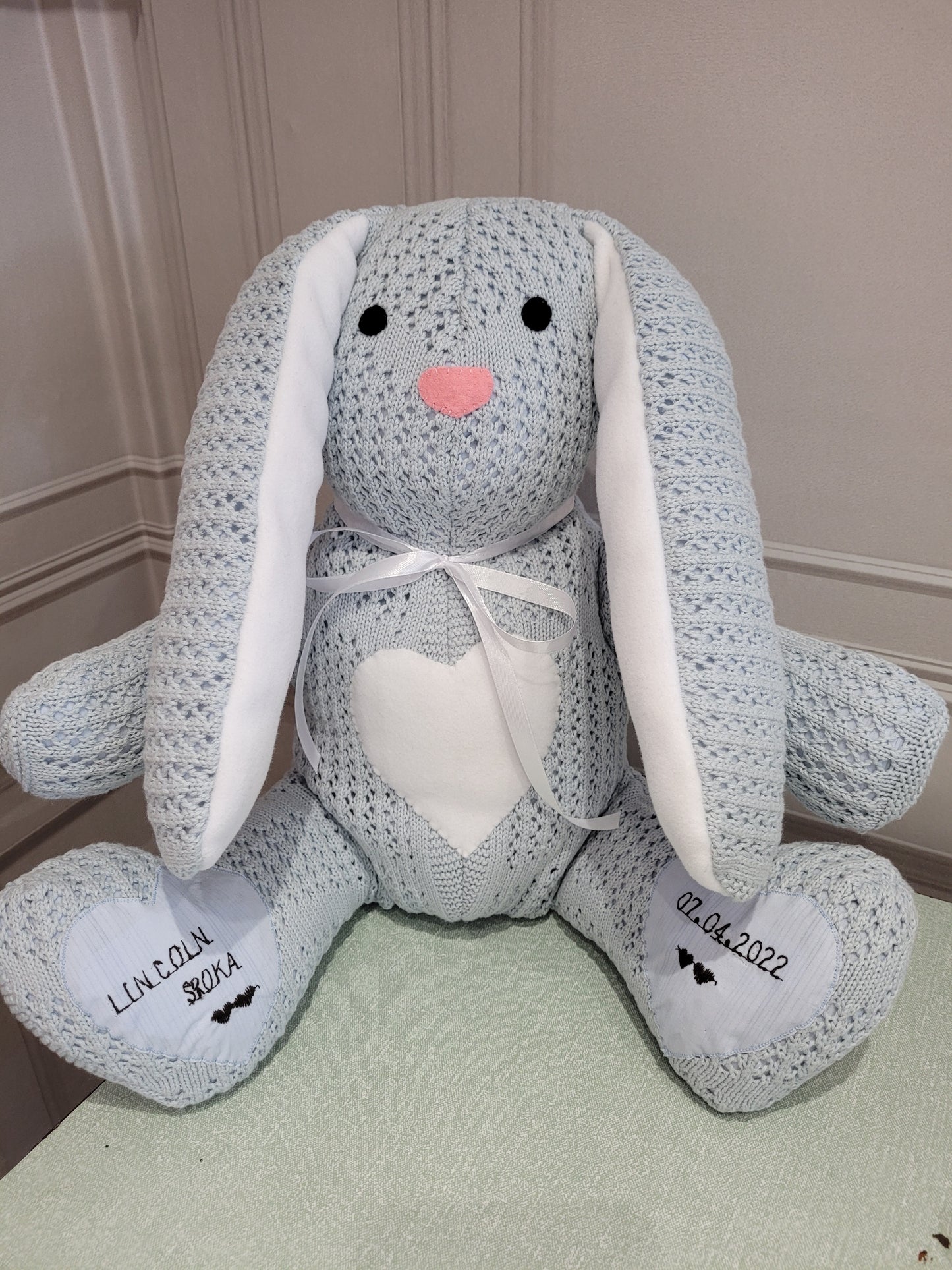 Childs birth keepsake bunny with name and D.o.b By.Meggy-Fifee
