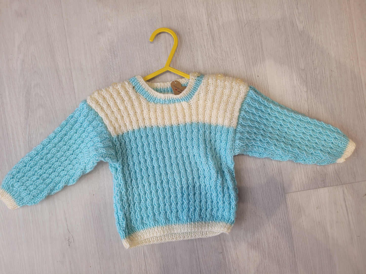 Handknitted unisex cream turquoise jumper 18-24 months