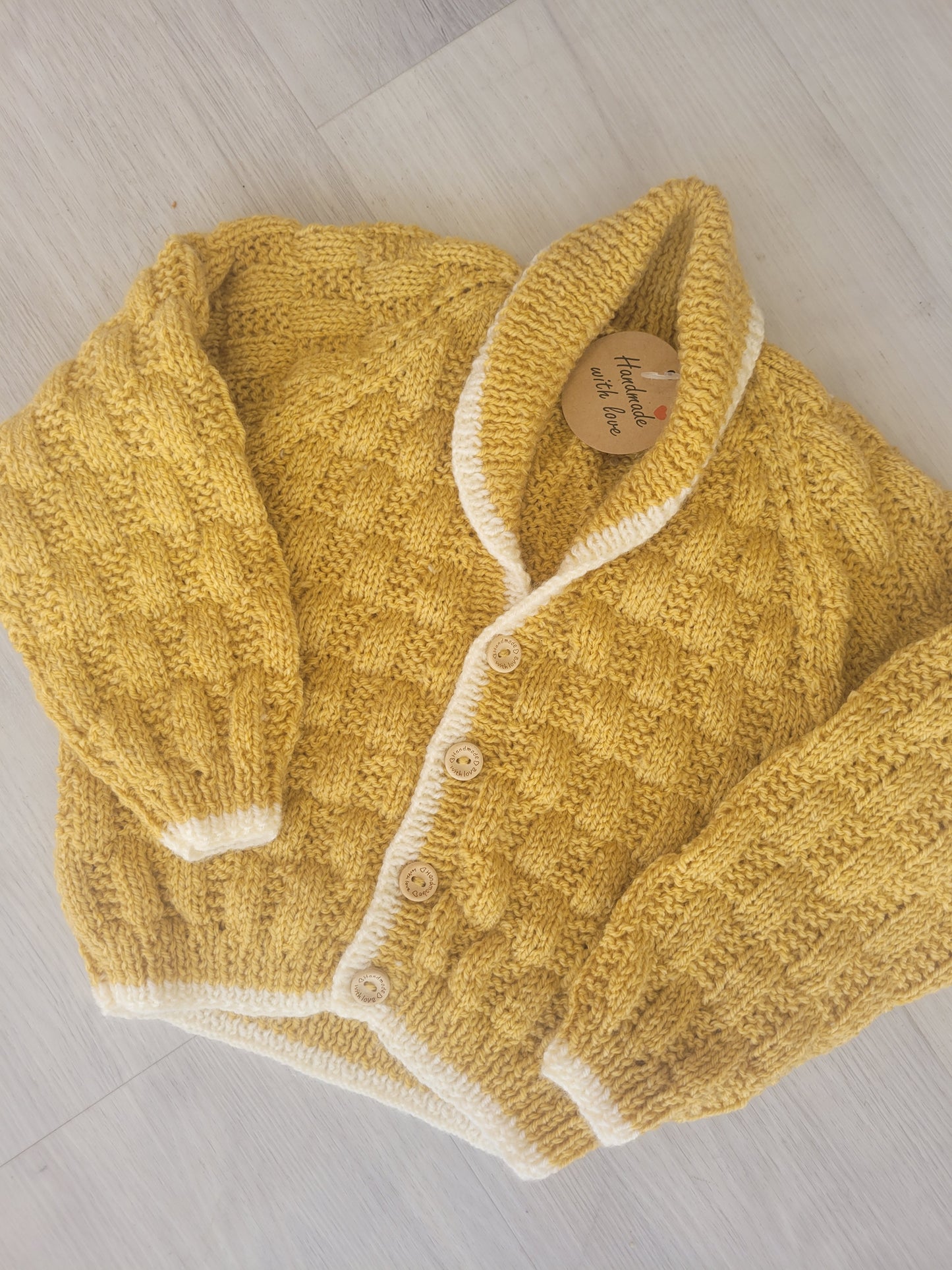 Handknitted mustard cardigan unisex age 2-3