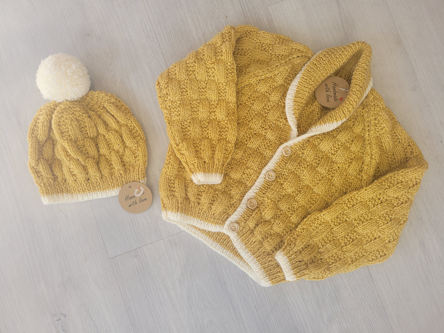 Handknitted mustard cardigan unisex age 2-3