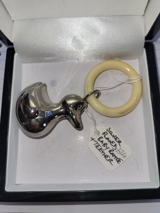 Silver duck baby rattle and teether gift