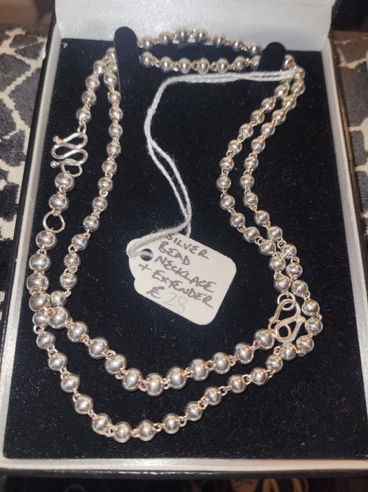 Silver bead necklace with extender