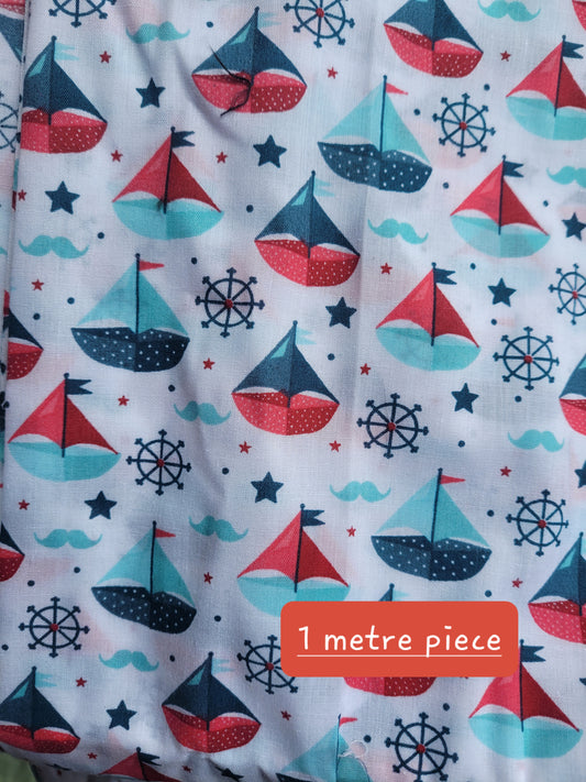 Sailing boat cotton print white fabric