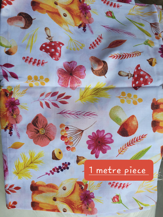 Fox wildlife print white cotton fabric