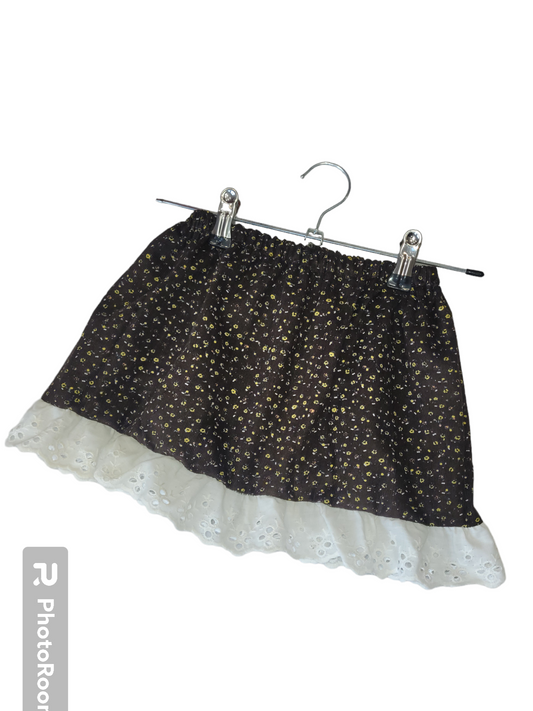 Girls bespoke ditsy print brown cord Skirt with vintage lace Handmade.By.MeggyFifee