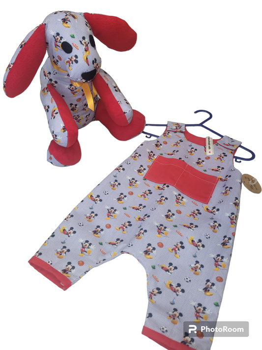 Baby Mickey gift set dungrees and soft toy dog 3-6 months