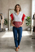 Ladies red and white frilly shirt remake design 10-12