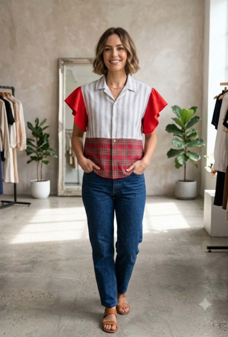 Ladies red and white frilly shirt remake design 10-12