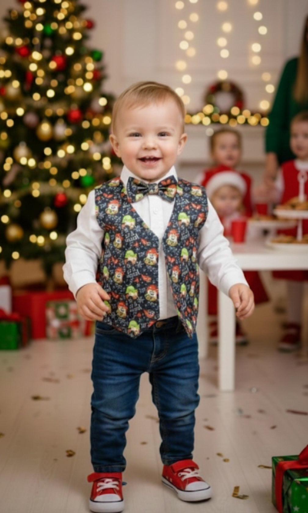 Toddler Christmas Snowman Reversible waistcoat & Bow Tie - Handmade Festive Outfit